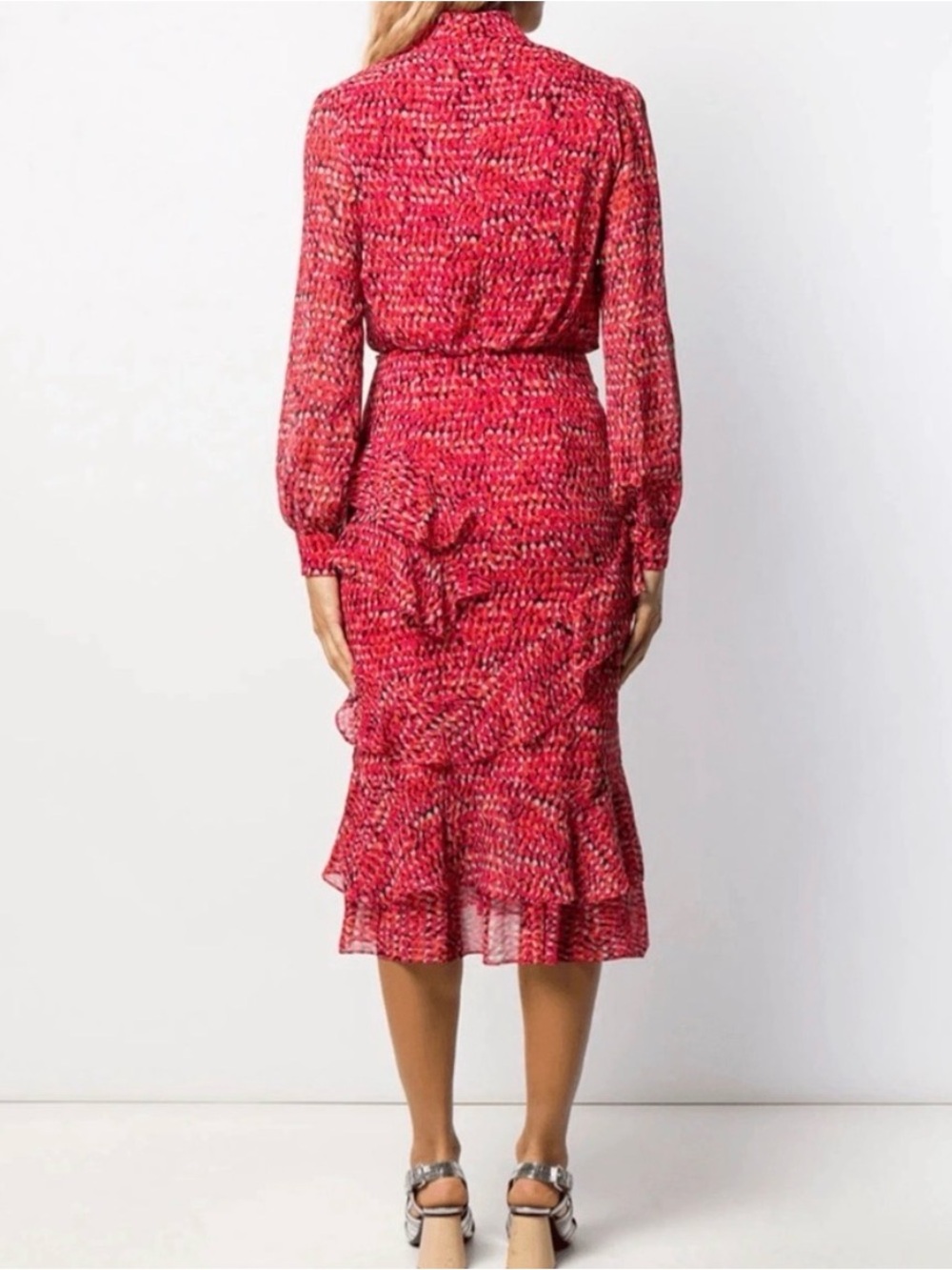 SALONI Red Printed Isa Ruffle Silk Midi Dress US 8/UK 12 MSRP $695 - Picture 3 of 16